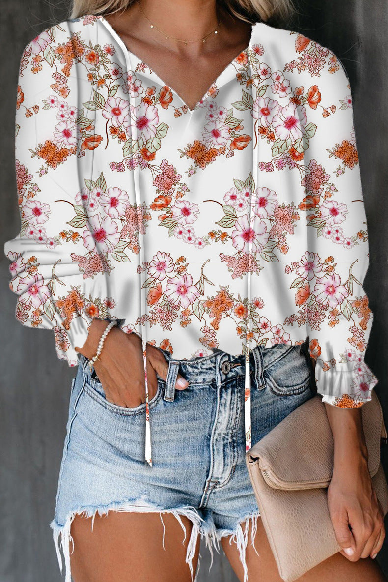 Camisa de estampado floral para mujeres con cuello en v top de manga larga