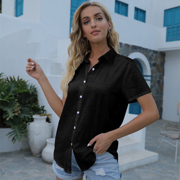 Solid Commute Style Color Casual Loose Short Sleeves Linen Shirt