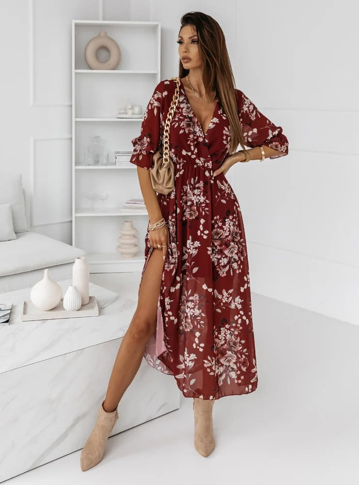 Short Sleeve Women's Fashion V-neck Slim-fit Chiffon Printed Dress