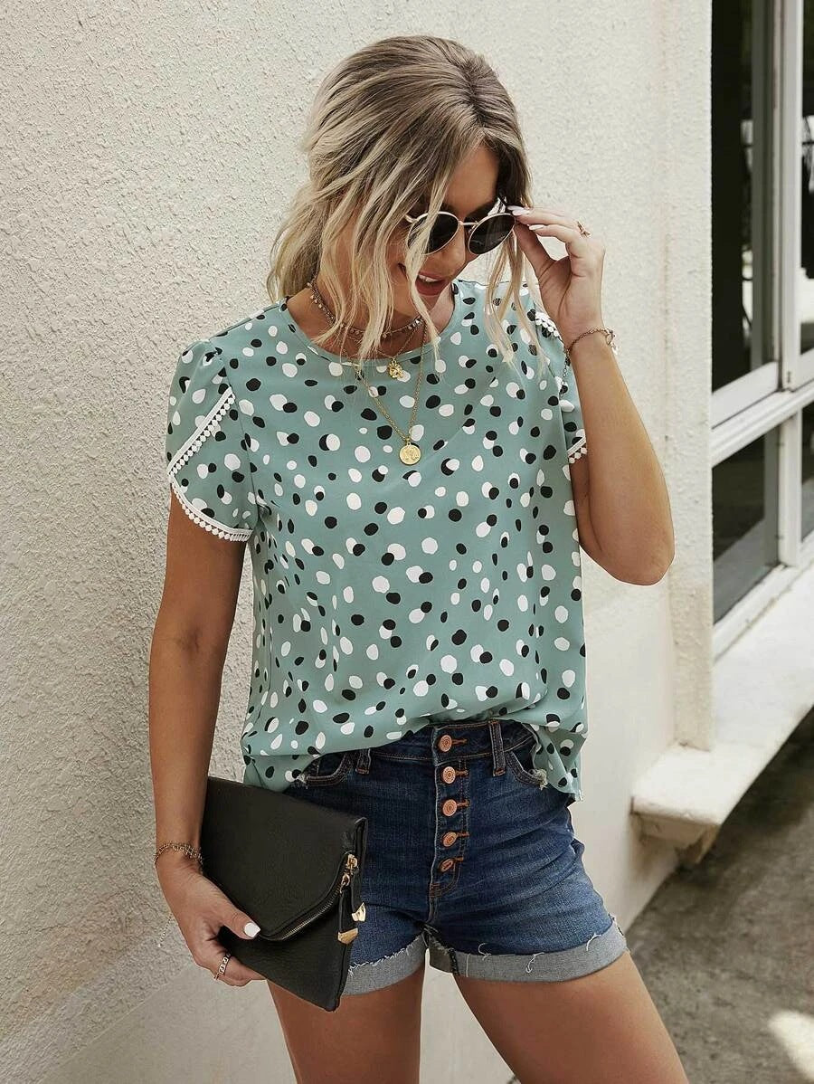 Women's Casual Round Neck Summer Loose Printing Shirt Dotted Prints Lace Short Sleeve Top