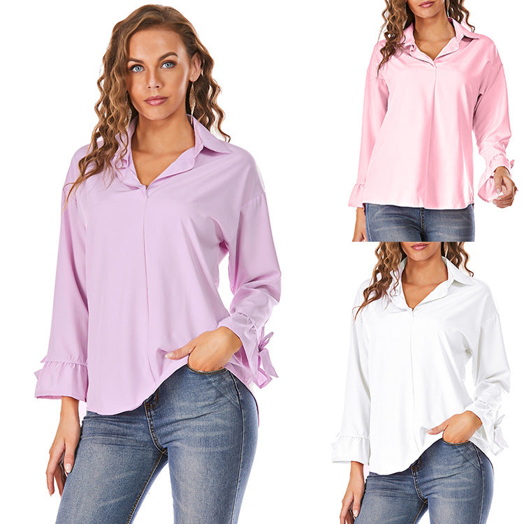 Women's Long-sleeved Street Fashion Loose Polyester Fiber Solid Color Plus Size Flare Blouse