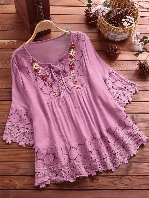Summer Cotton Linen Stitching Lace Elegant Pullover V-neck Loose Women's Top