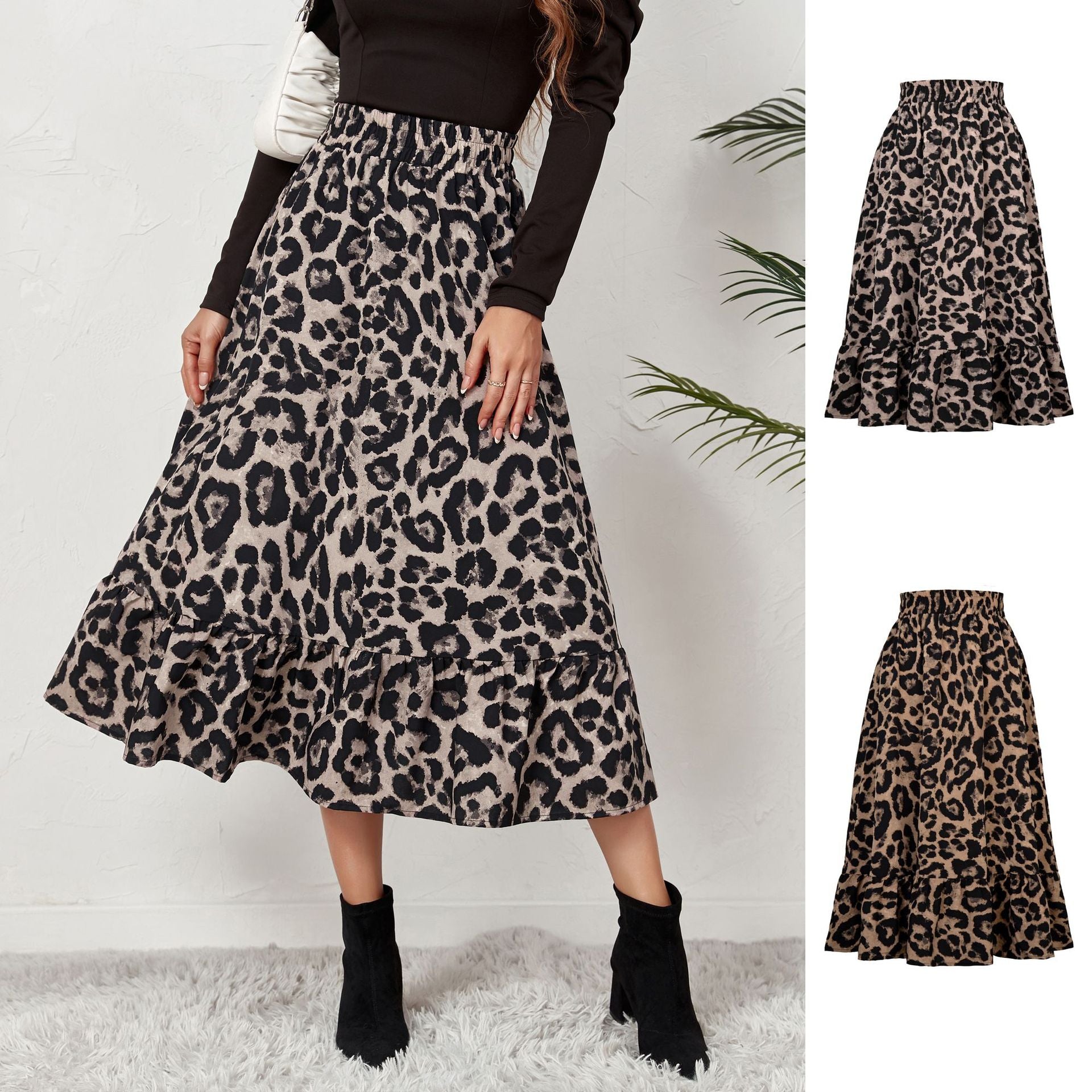 Women's Sexy Leopard Print Animal Pattern High Waist Skirt Loose Swing Dress