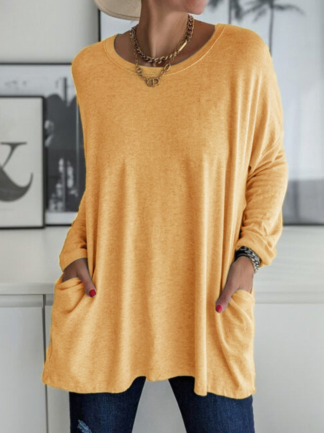 Runder Pullover-Ausschnitt, Langarm, lose Taschen, einfarbiges, lässiges Damen-T-Shirt