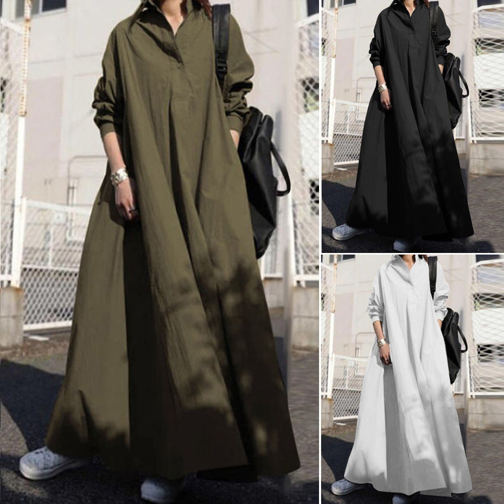 Long Sleeve Large Swing Solid Color Basic Model Cotton Linen Retro Loose Women's Dress