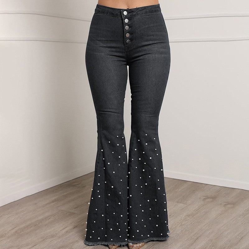 Bootcut-Hose aus Stretch-Jeans Lässige, perlenbesetzte Schlaghose