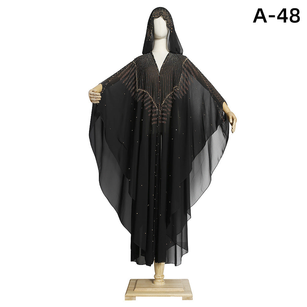 Robe à capuche musulmane à manches longues en dentelle brodée de perles Robe de grande taille pour femmes