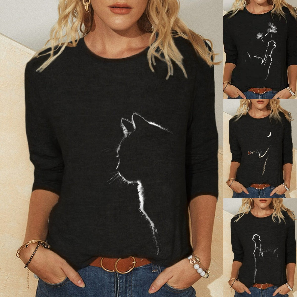 Gestricktes langärmliges Freizeit-T-Shirt mit Rundhalsausschnitt und Tierdruck für Damen