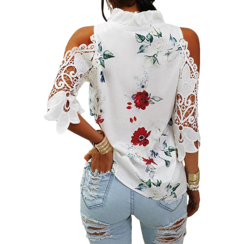 Summer Women's Top Flower estampado fuera de hombro Camiseta de manga larga de costura de encaje de encaje