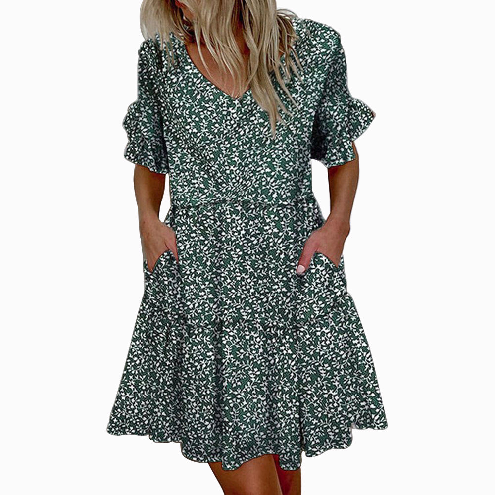 Basic Model Summer Loose Fashion V-neck Short Print Ruffled Pocket Women's Dress