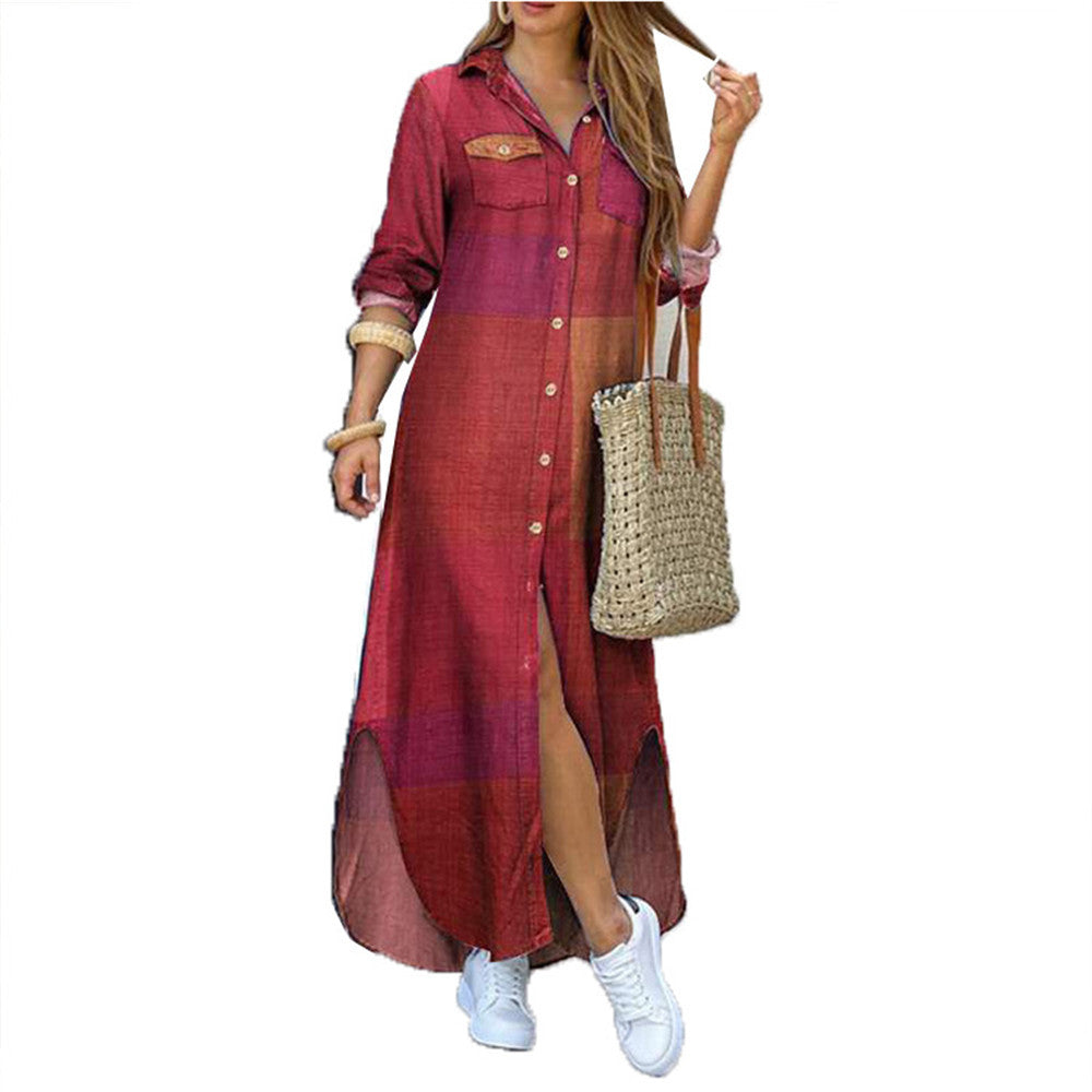 Damen Temperament Commute Herbst Einreihiges, bedrucktes, langärmliges Hemdkleid mit Revers