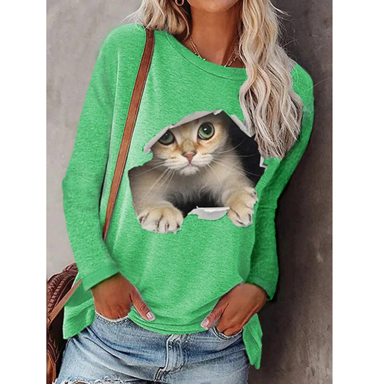 Trendy Round Digital Printing Neck Pullover Cat Long Sleeve Women's T-shirt