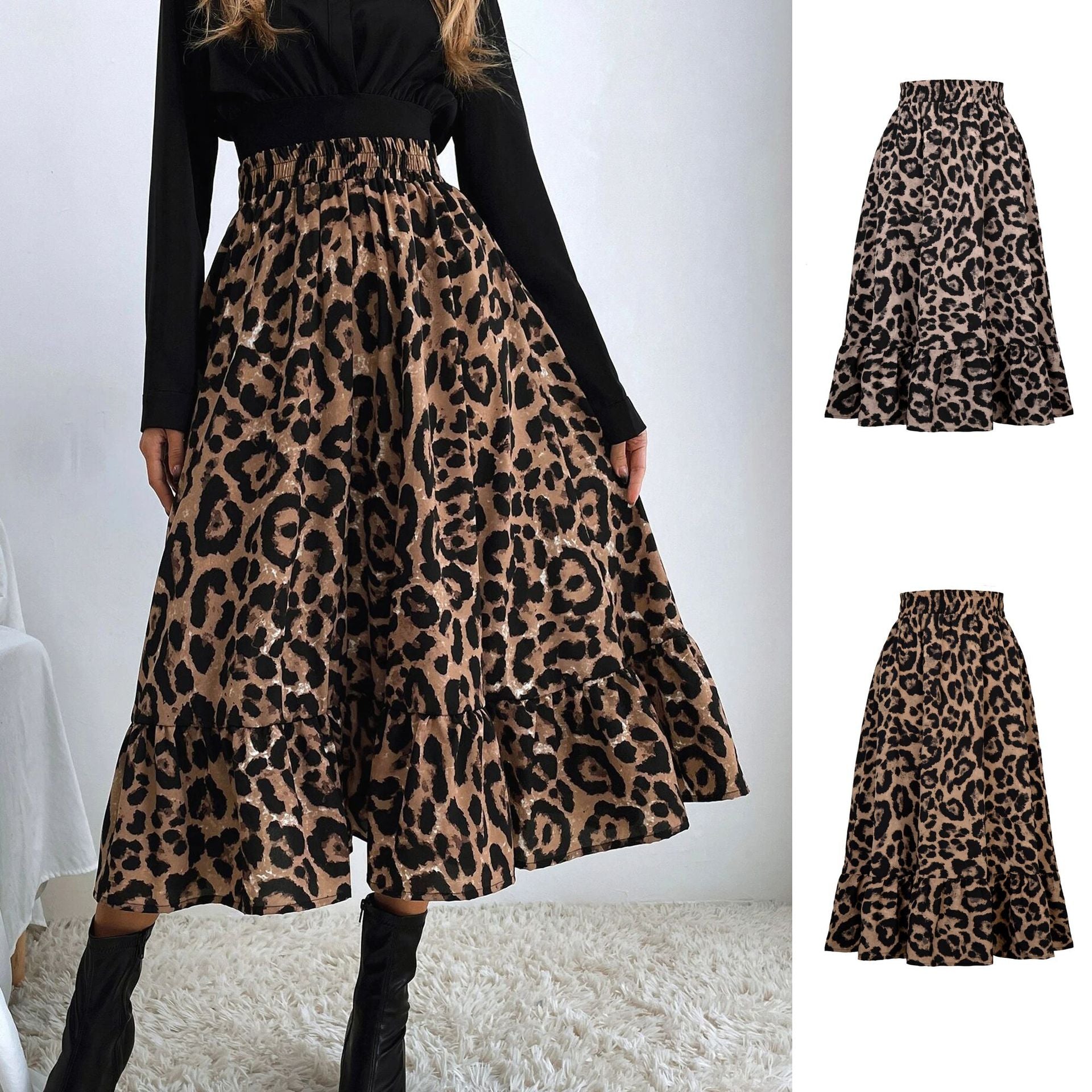Women's Sexy Leopard Print Animal Pattern High Waist Skirt Loose Swing Dress