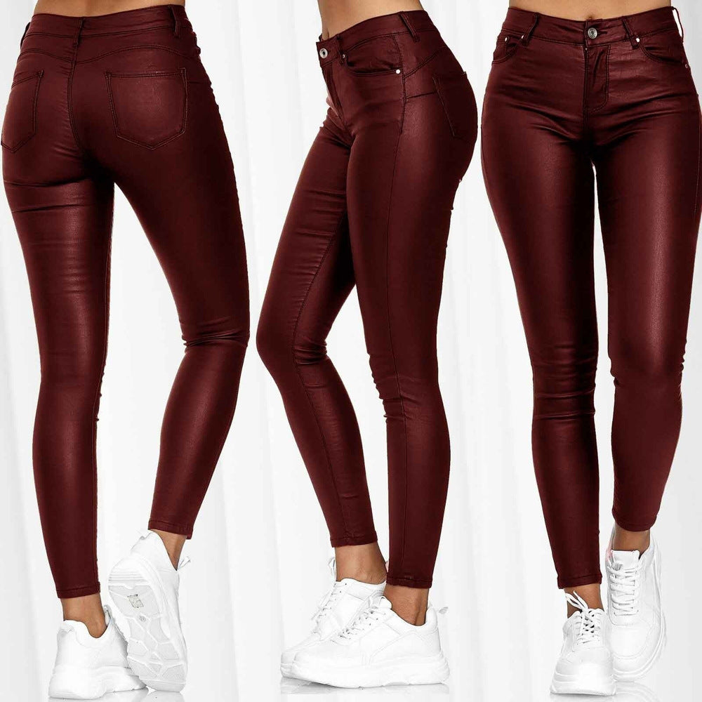 High Temperament Commute Waist Pure Color Leather Casual Skinny Trousers Women's Pants
