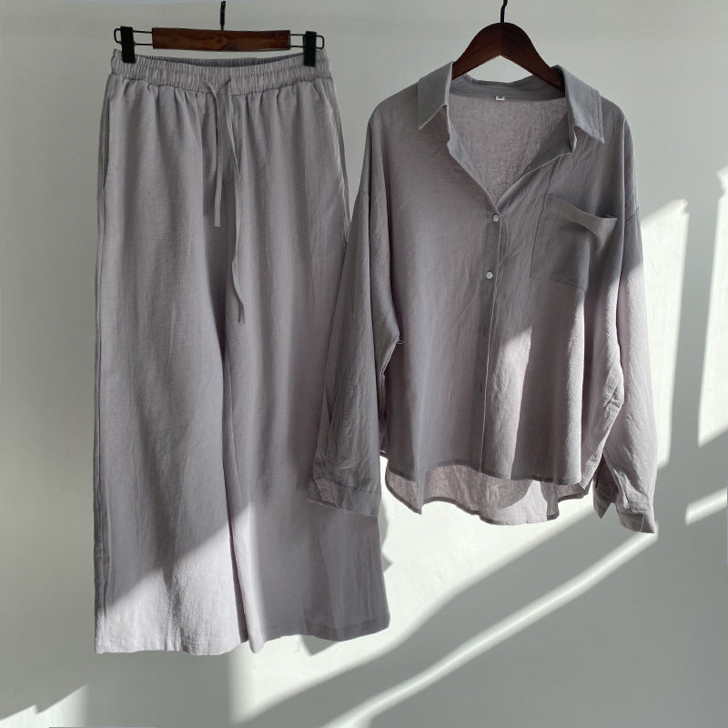 Langärmliges 2-teiliges Retro-Outfit aus Baumwollleinen in Übergröße für Damen mit hoher Taille und lockerem Hemd