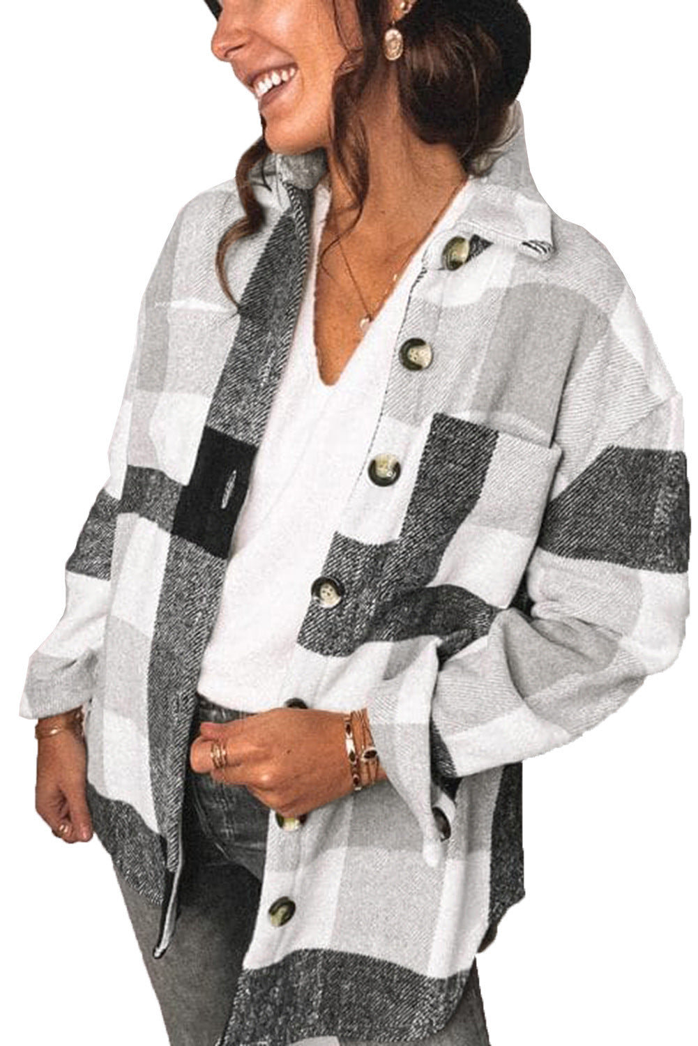 Camisa a cuadros de manga regular bolsas de hebilla de hebilla para mujer abrigo casual