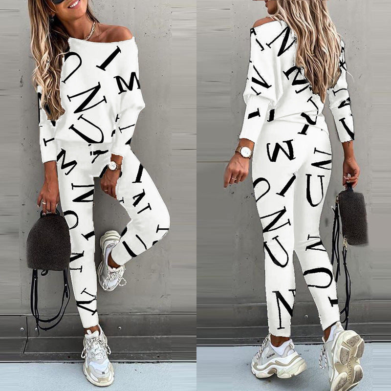 Autumn Letters Women Letter Printed Long-sleeved Trousers Casual Suit