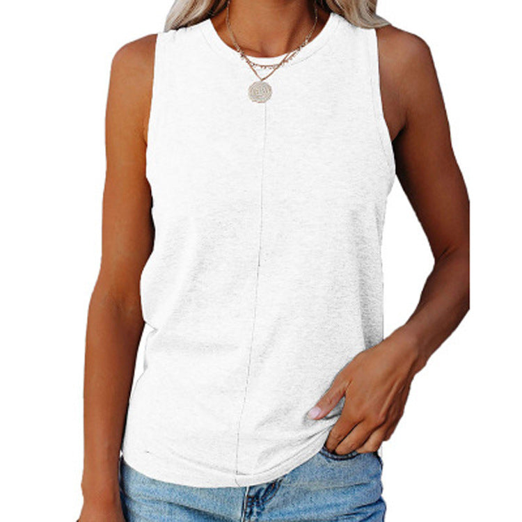 Summer Women's Stylish Loose Round Neck Solid Casual Style Color Sleeveless Vest T-shirt