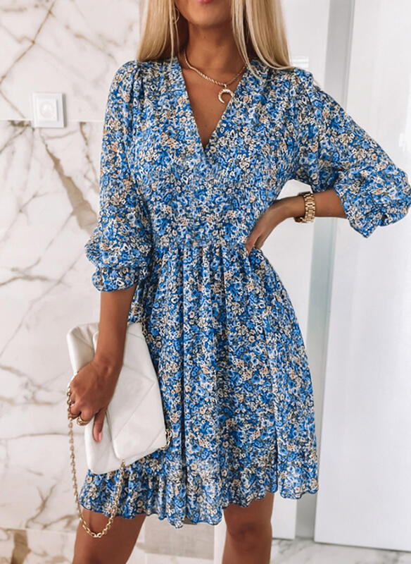 Mid-length Printing Pullover Print Short Sleeve Puff Mid-waist Floral Dress