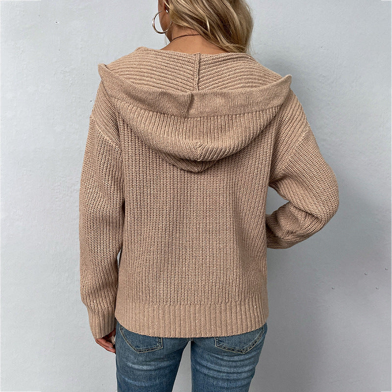 Einfarbiger Kapuzen-Reißverschluss-Pullover Imitations-Baumwollkordelzug-Taschen-Damen-Strickjacke-Mantel