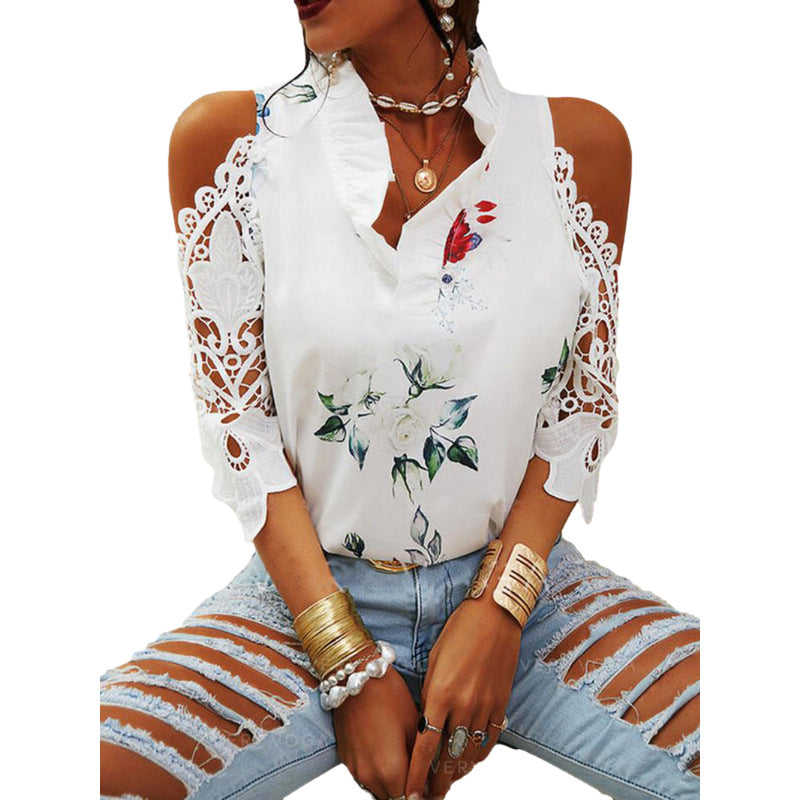 T-shirt à manches longues en dentelle à épaules dénudées avec imprimé floral pour femmes d'été