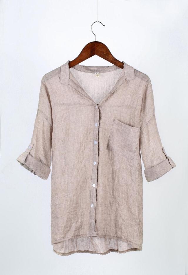 Temperamento de verano conmutado lino de algodón fresco de algodón de tres cuartos collar de manga camisa para mujeres