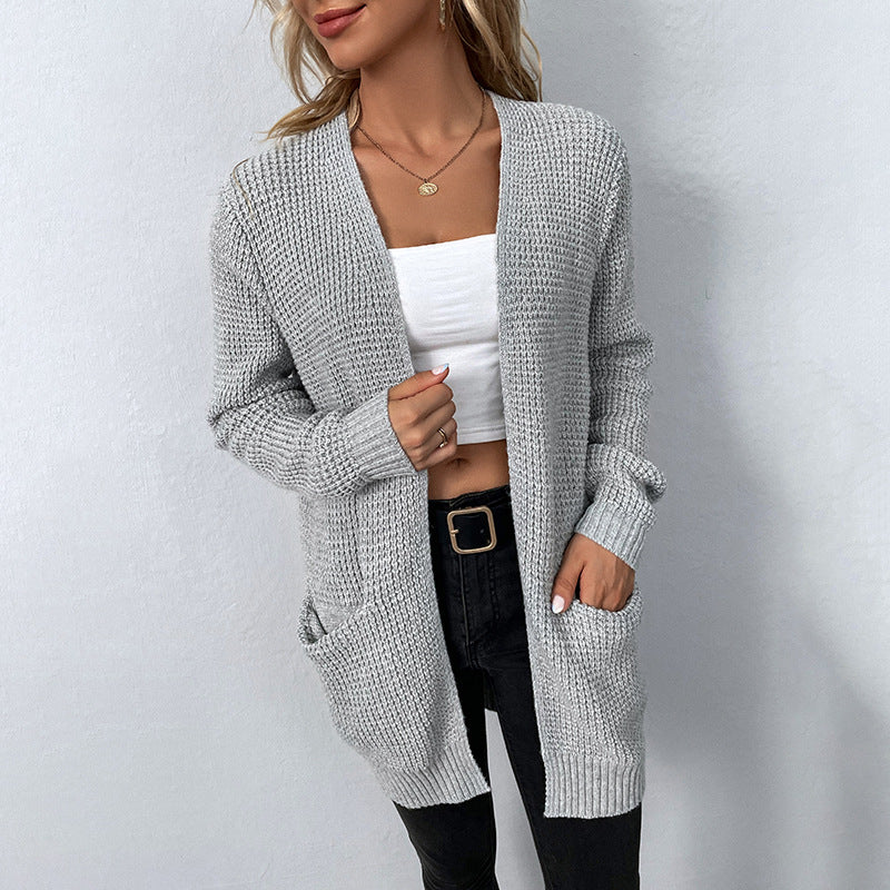 Commute Style Women Knitted Sweater Solid Color Pocket Cardigan Coat