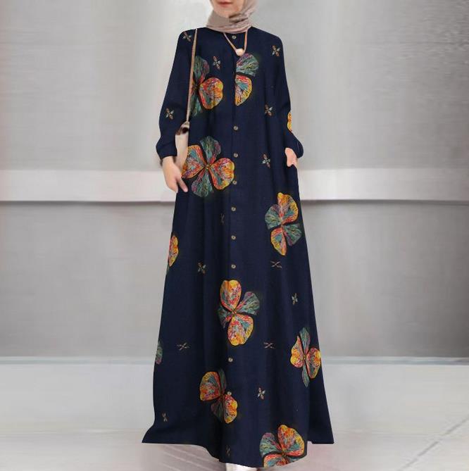 Baumwolle Leinen bedrucktes Hemd Muslim Plus Rundhalsausschnitt Lässige Retro Langarm Robe für Damen