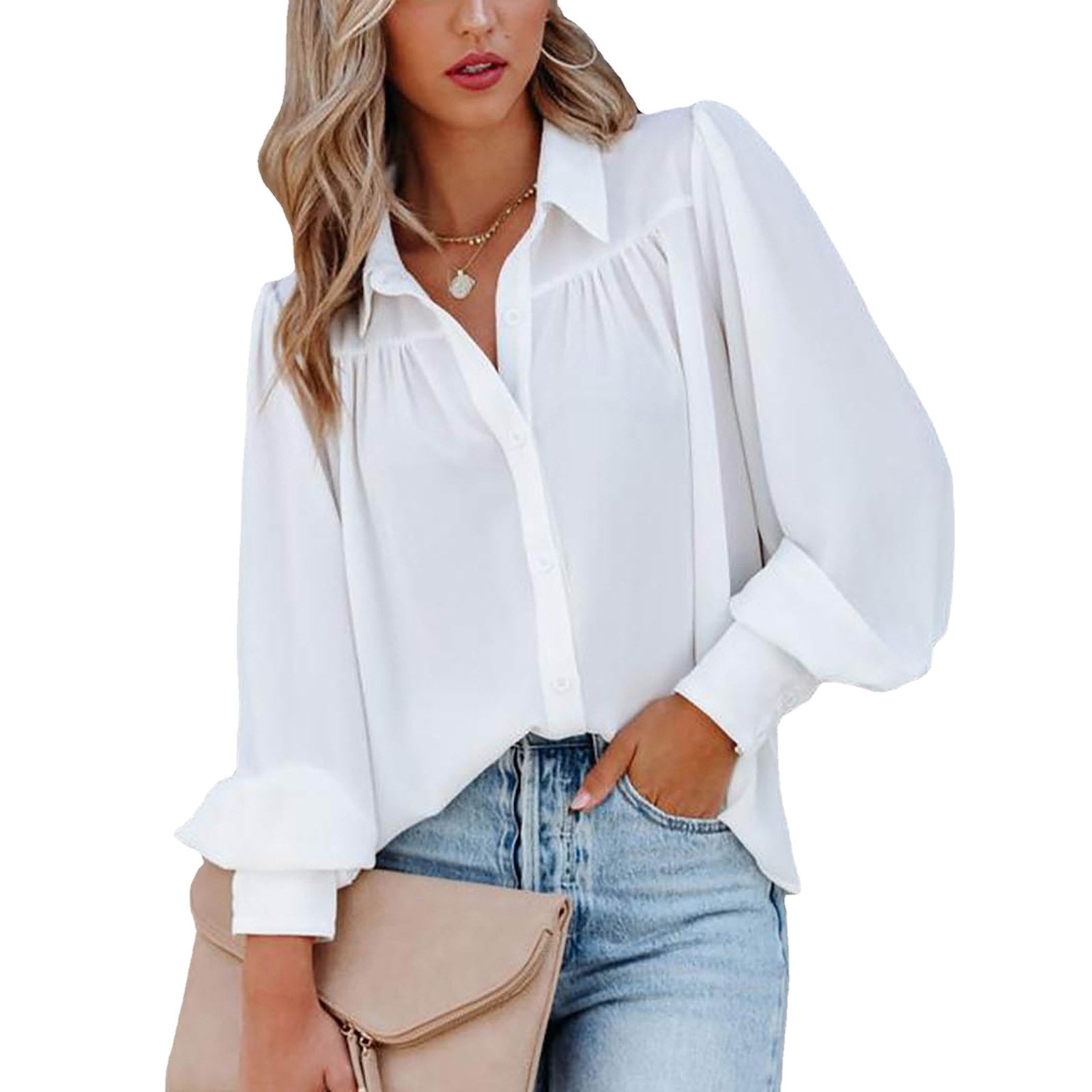 Polyester Button Lantern Sleeve Pleated Solid Color Collar Loose Shirt Long Women's Top