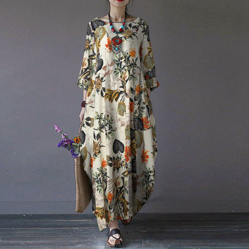 Floral Large Size Women's Cotton Linen Printed Retro Pullover Loose Round Neck Dress