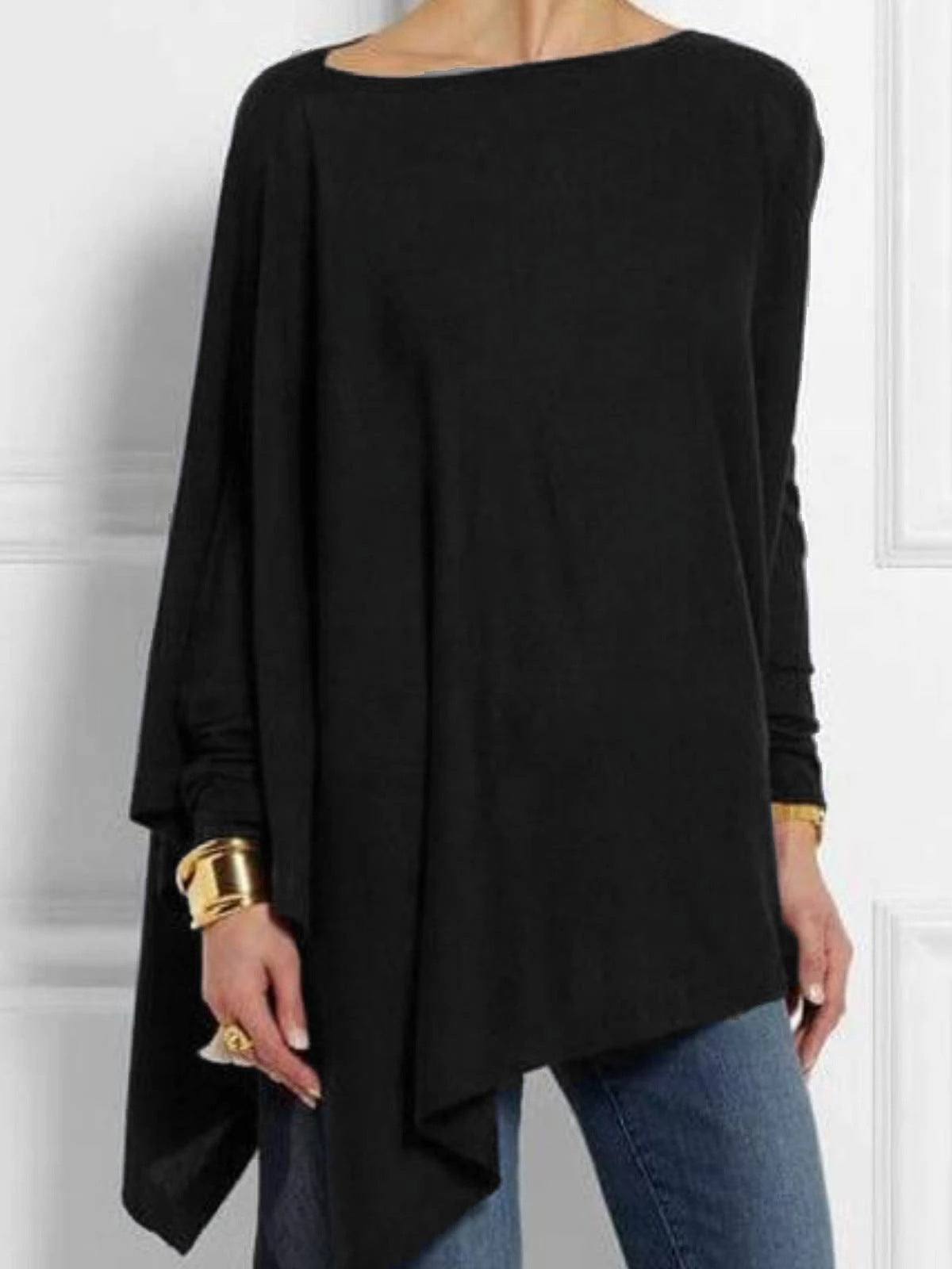 Long Sleeve Irregular Solid Color Pullover Round Neck T-shirt Casual Loose Top