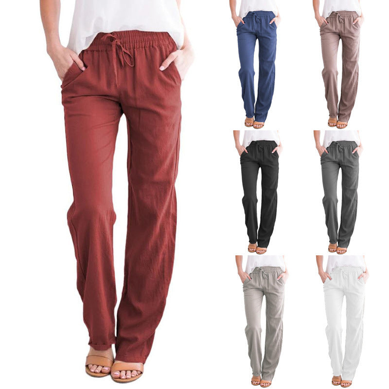 Women's Pants Solid Color Cotton Linen Drawstring Temperament Commute Loose Casual Wide-leg Trousers