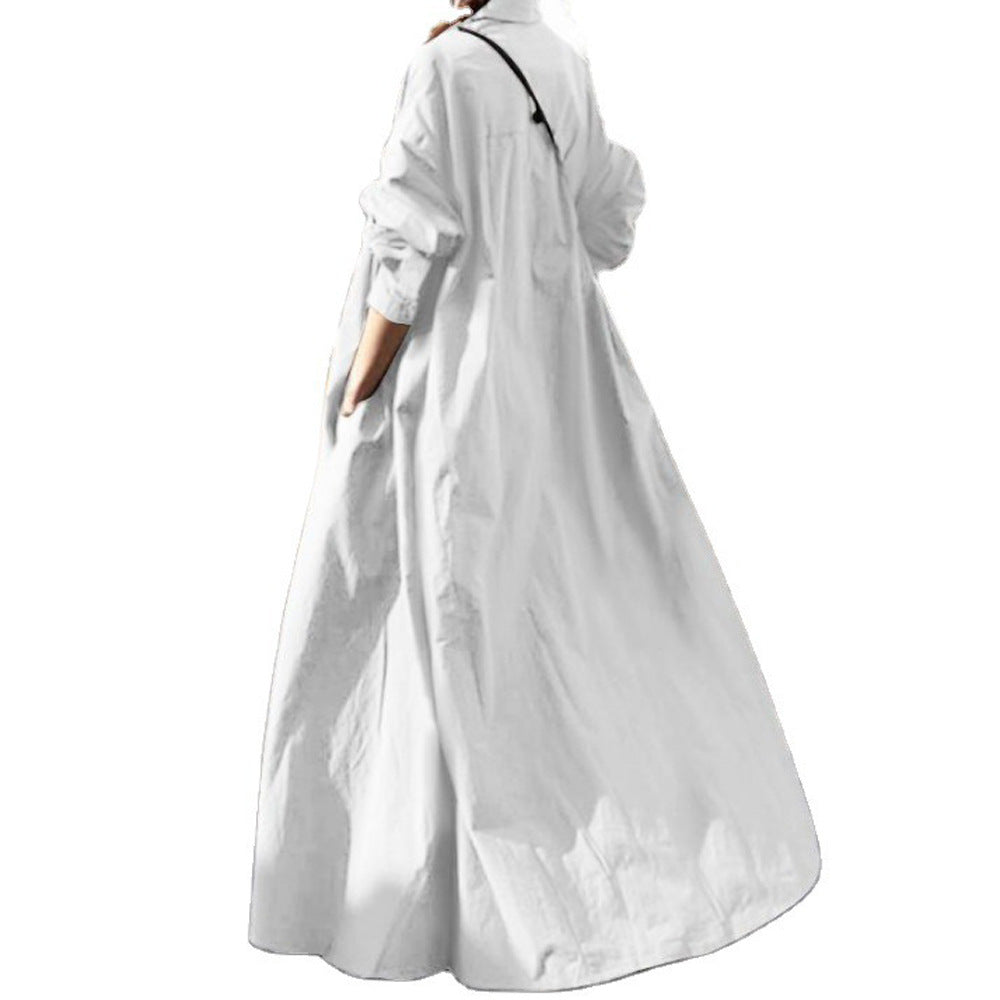 Long Sleeve Large Swing Solid Color Basic Model Cotton Linen Retro Loose Women's Dress