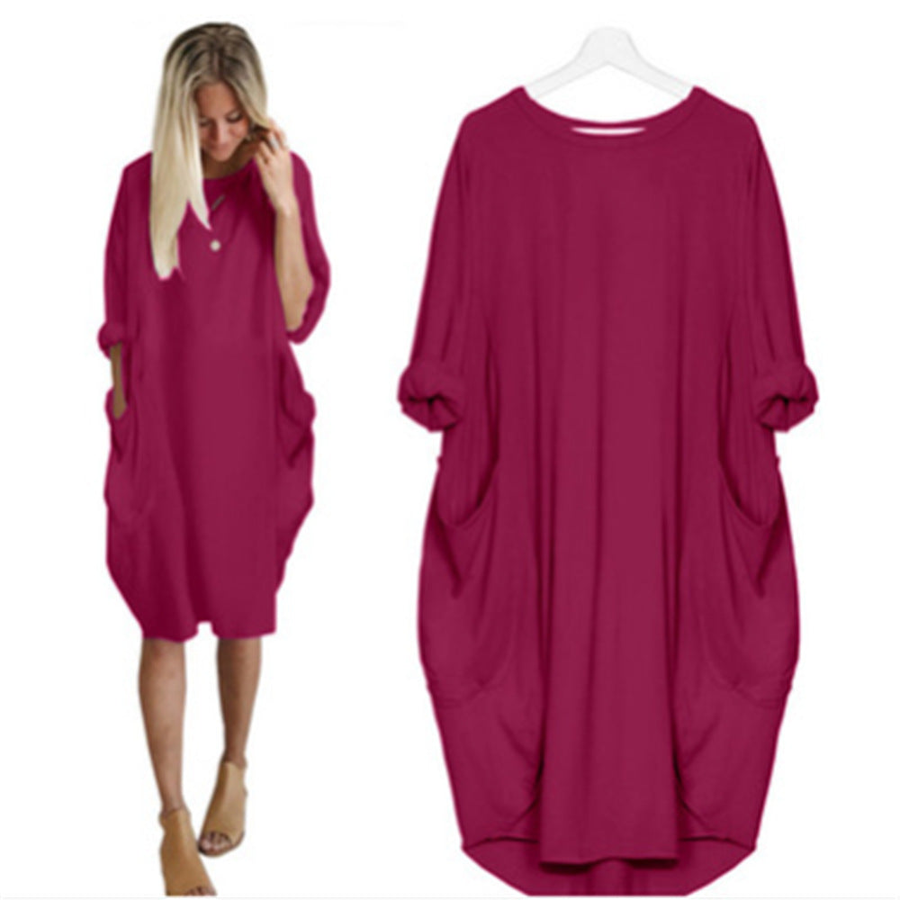 Women's Autumn Long Sleeve Round Neck Mid Skirt Solid Color Loose Pockets Dress