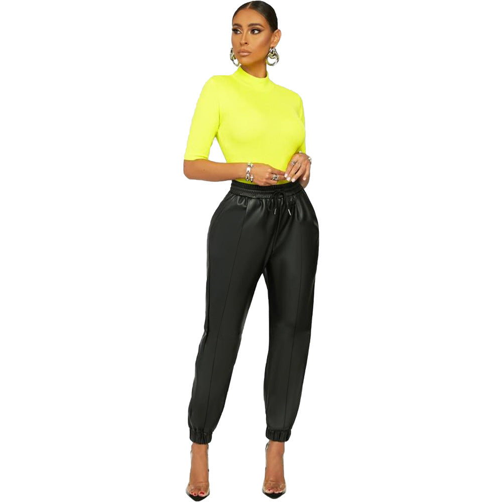 Mid Waist Women's Solid Color Sexy Leather Casual Pants Skinny Leggings