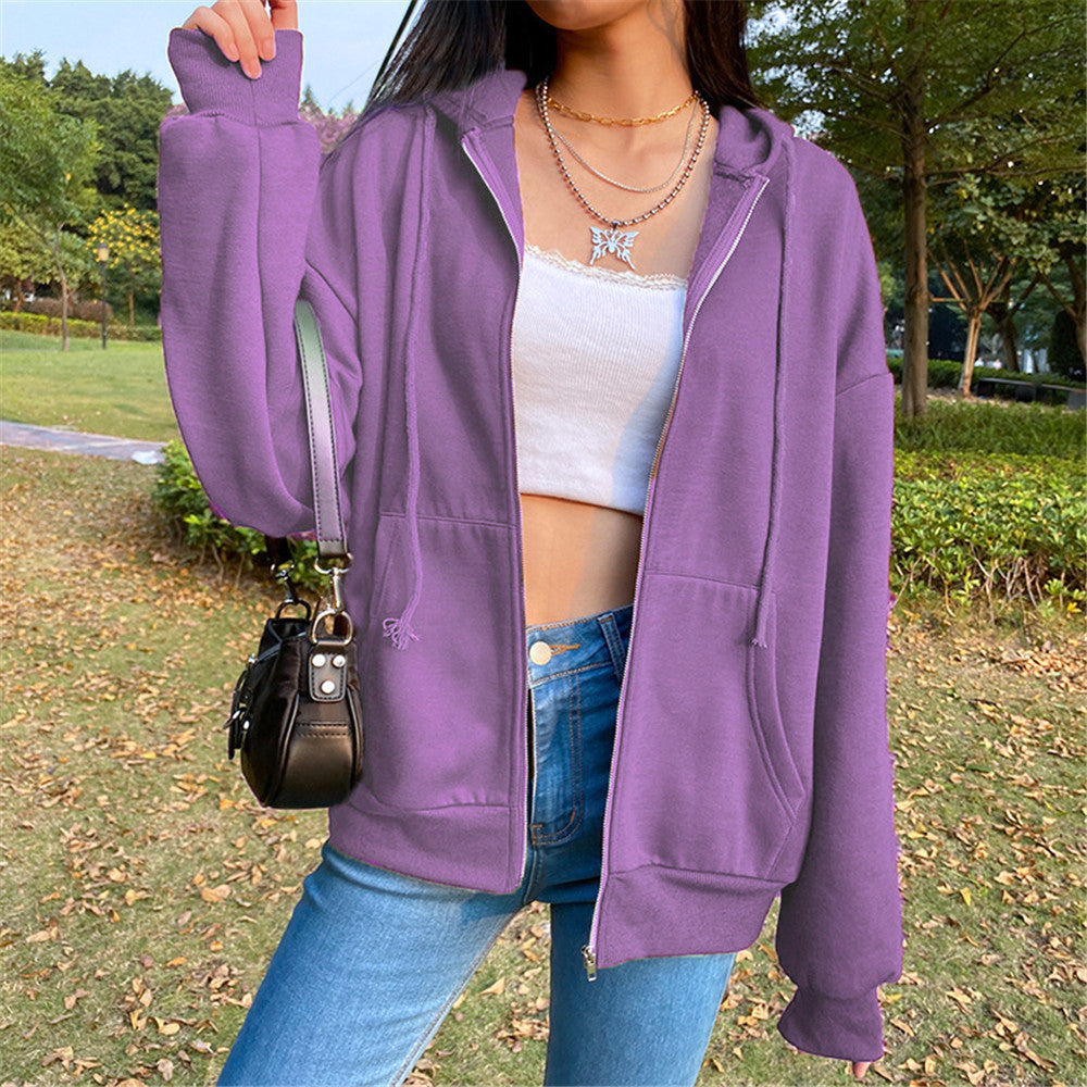Women's Autumn Solid Color Fur Hooded Long Conventional Sleeve Slim Fit Casual Zipper Sweater