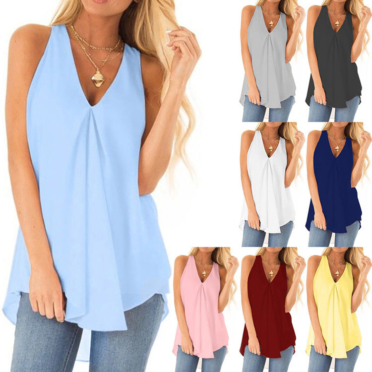 Summer Hem Loose Sweet Sleeveless Solid Color Top Chiffon Shirt
