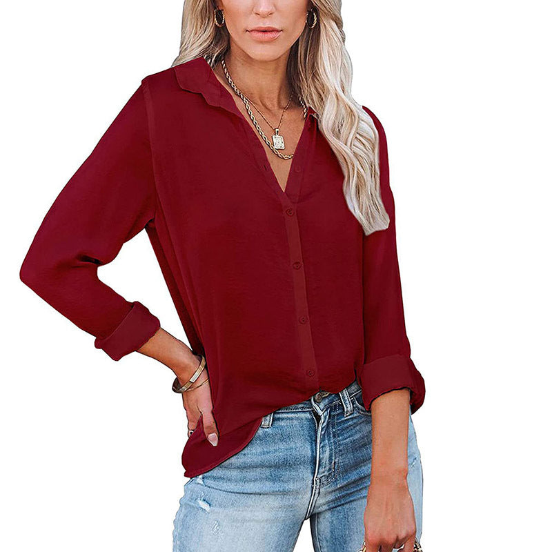 Women's Casual Loose Solid Color Long Sleeve Button V-neck Shirt Top