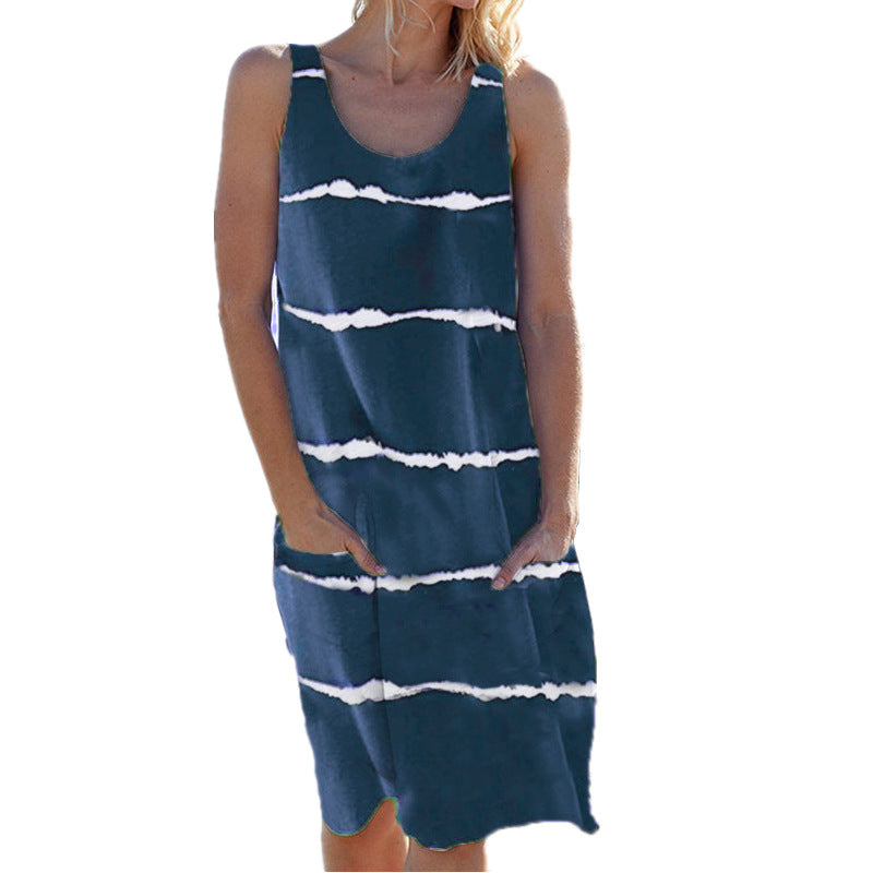 Summer Women's Cotton Blend Round Neck Printed Striped Pocket Vest Dress