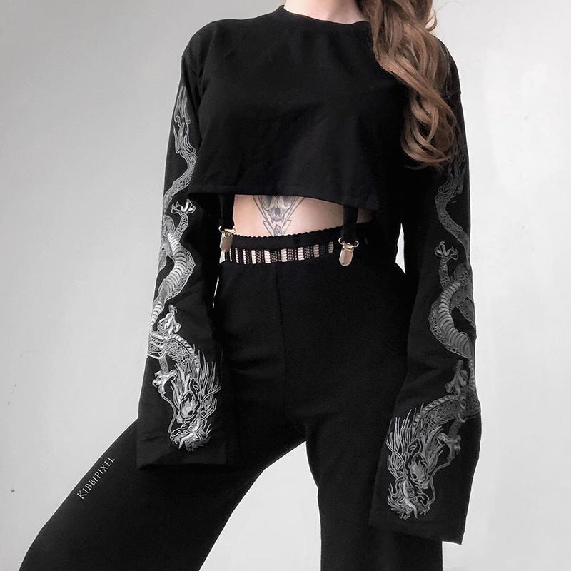 Girl's Dark Dragon Pattern Long-sleeved Sweater Women's Urban Leisure Short Hip Loose Top