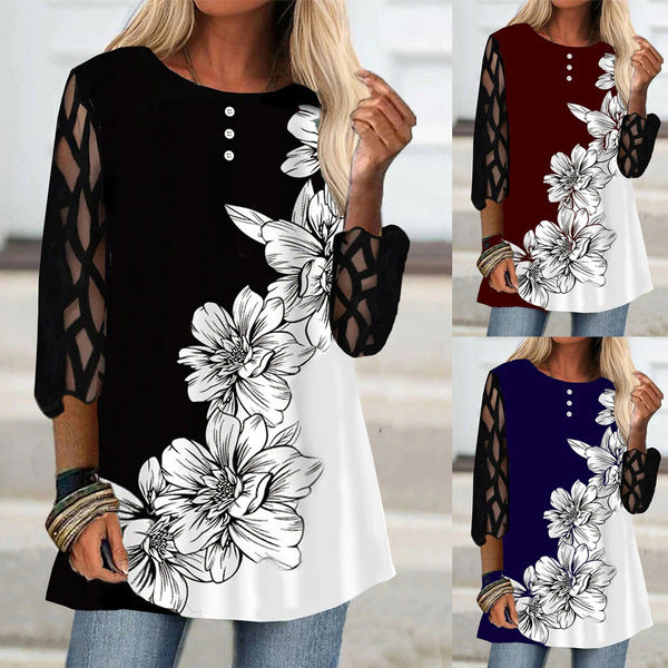Round Neck Plus Size Women's Top Lace Sleeve Floral Loose-fitting Casual T-shirt