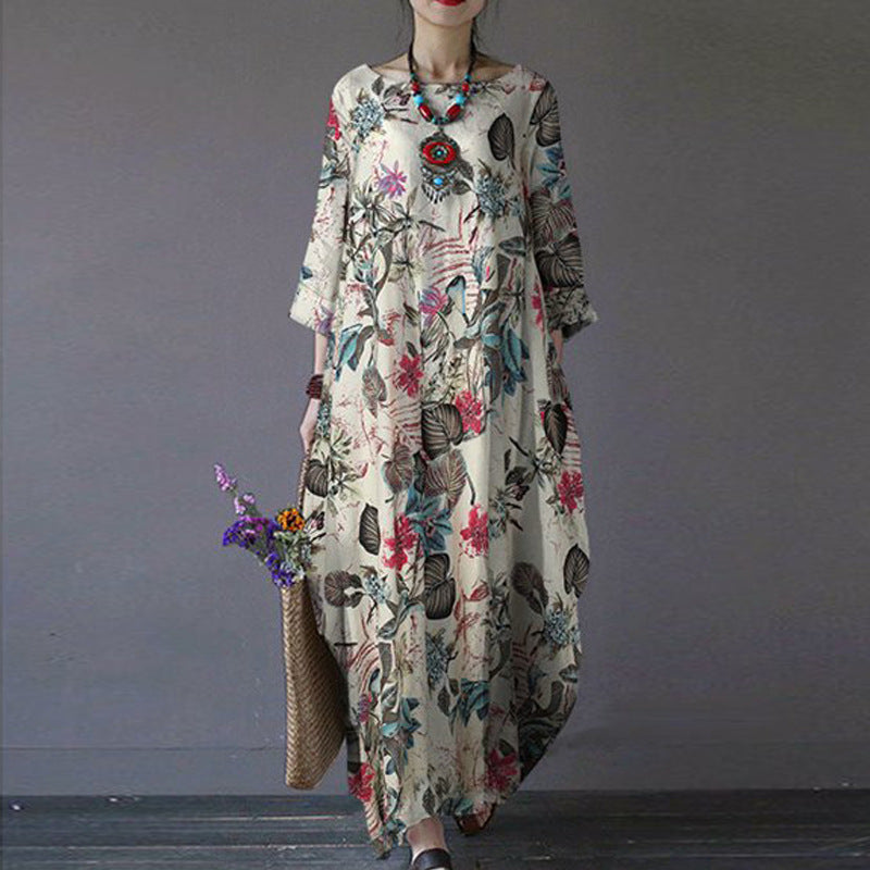 Floral Large Size Women's Cotton Linen Printed Retro Pullover Loose Round Neck Dress