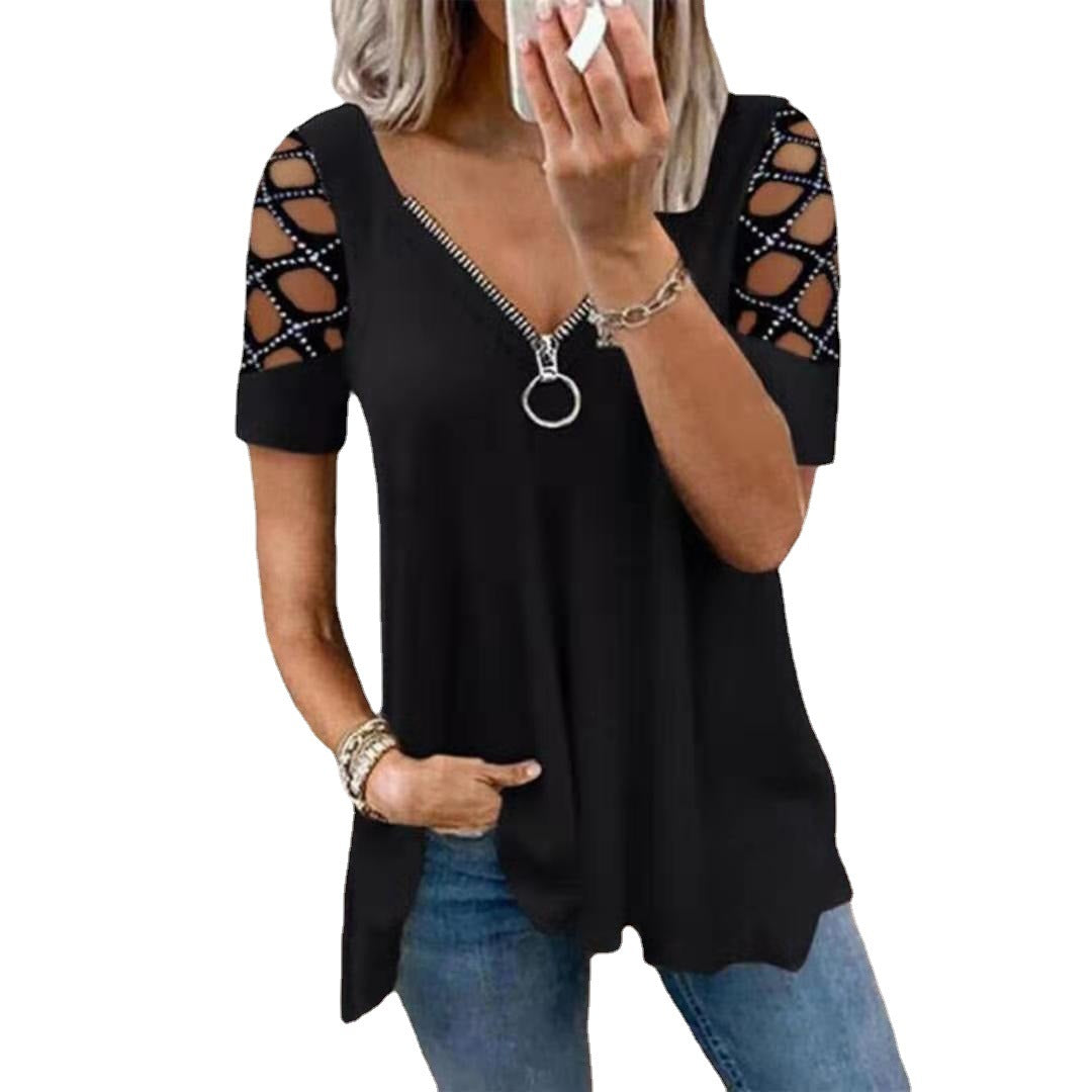 Fashion V-neck Solid Color Hollow Sleeve Loose Rhinestone Casual Women's Top