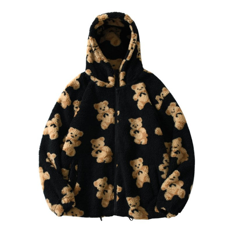 Ladies Hooded Thick Casual Cartoon Regular Sleeve Pattern Bear Zipper Pocket Fleece Sweatshirt