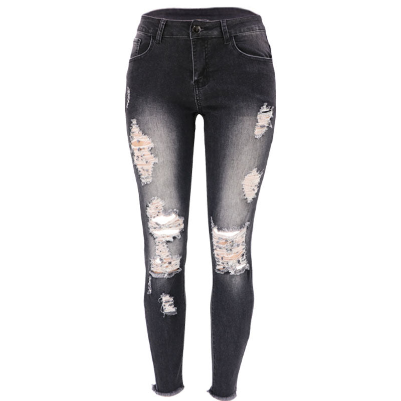 Sommer High Street Hipster Elastische Cropped Zerrissene Skinny Hip Fashion Jeans für Damen