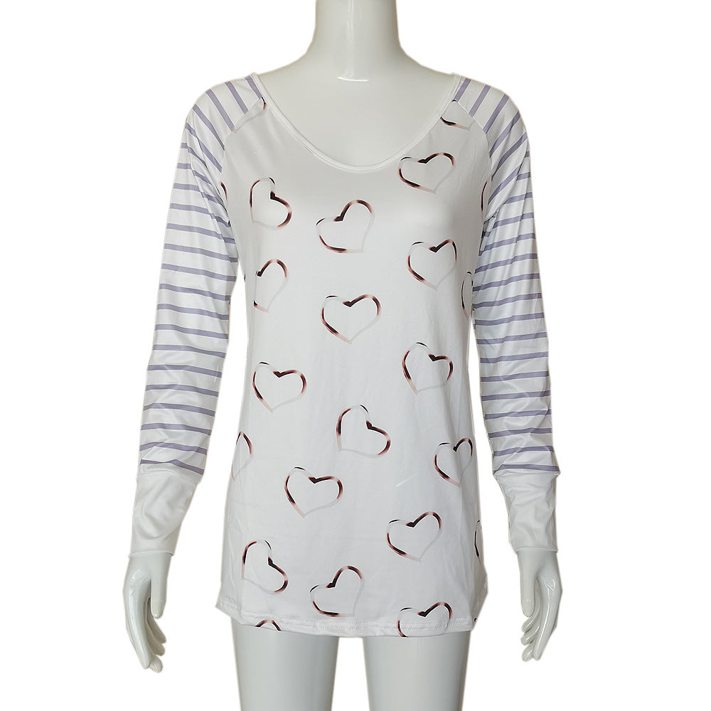 Women's Large Size V-neck Pullover Heart Printing Long-sleeved T-shirt