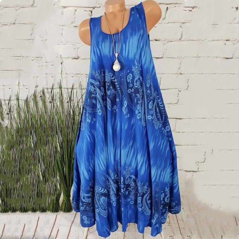 Mid Skirt Women's Summer Digital Print Sleeveless Round Neck Dress