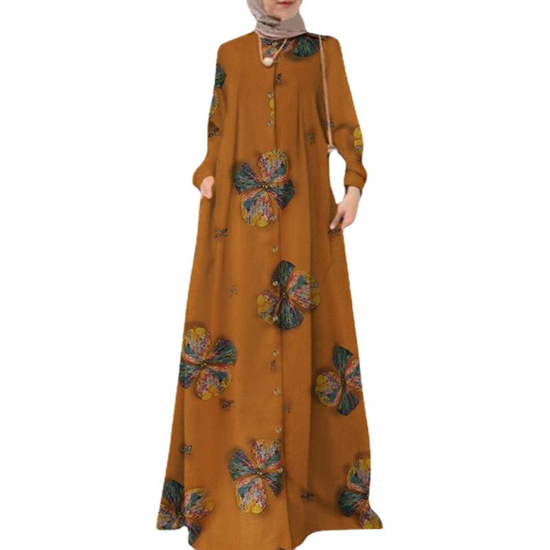 Bawełniana koszula z nadrukiem muzułmańska plus okrągła szyja damska szata retro z długim rękawem