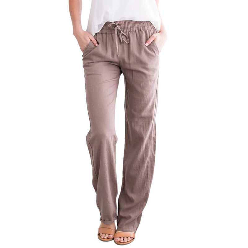 Women's Pants Solid Color Cotton Linen Drawstring Temperament Commute Loose Casual Wide-leg Trousers