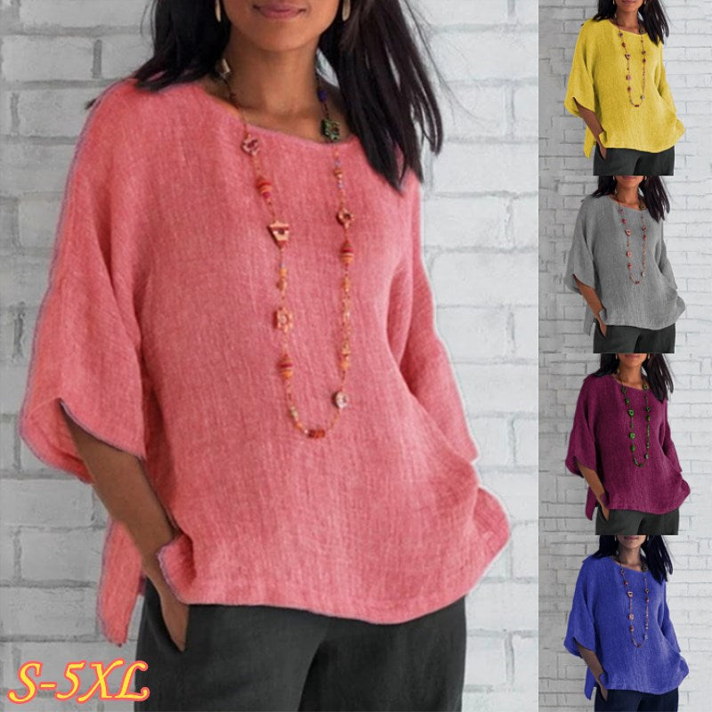 Commute Style Women Three-quarter Sleeve Round Neck Cotton Linen Shirt Top